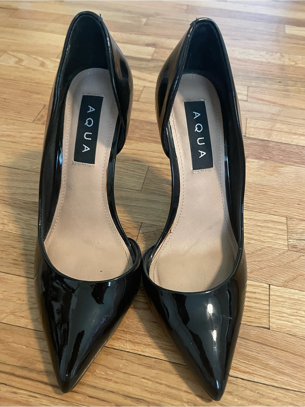 Aqua Dion Half D'Orsay Patent Leather High Heel Pumps Black Leather 6 1/2